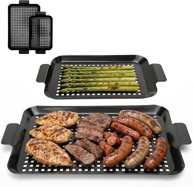 Grill Pan Set for Outdoor BBQ - 2PCS Non-Stick Enamel Grill Topper with Holes, Dishwasher Safe, Charcoal & Gas Grill Compatible (Large 14.4"x9.8" + Small 11"x7")