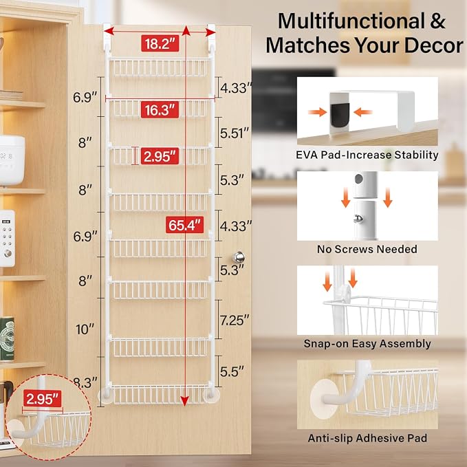 Delamu Over The Door Pantry Organizer, 8-Tier Metal Pantry Door Organization and Storage for Easy Install, Hanging Spice Rack Seasoning Shelves, Door Organizer for Kitchen, 4.65"D x 18"W x 65"H, White