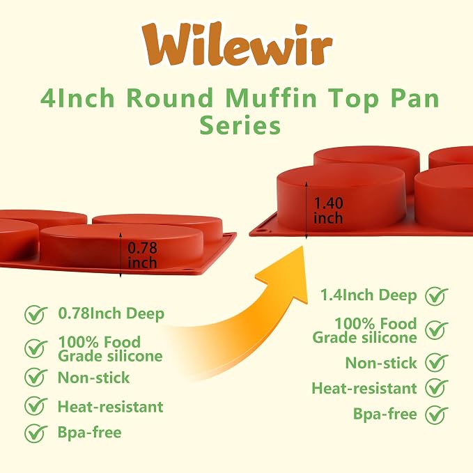4Inch Round Silicone Mold for Baking, 2Pcs Silicone Muffin Top Pans for Baking Muffin Top, Whoopie Pie, Sandwiches, Hamburger (2Pcs(1.4Inch Deep))