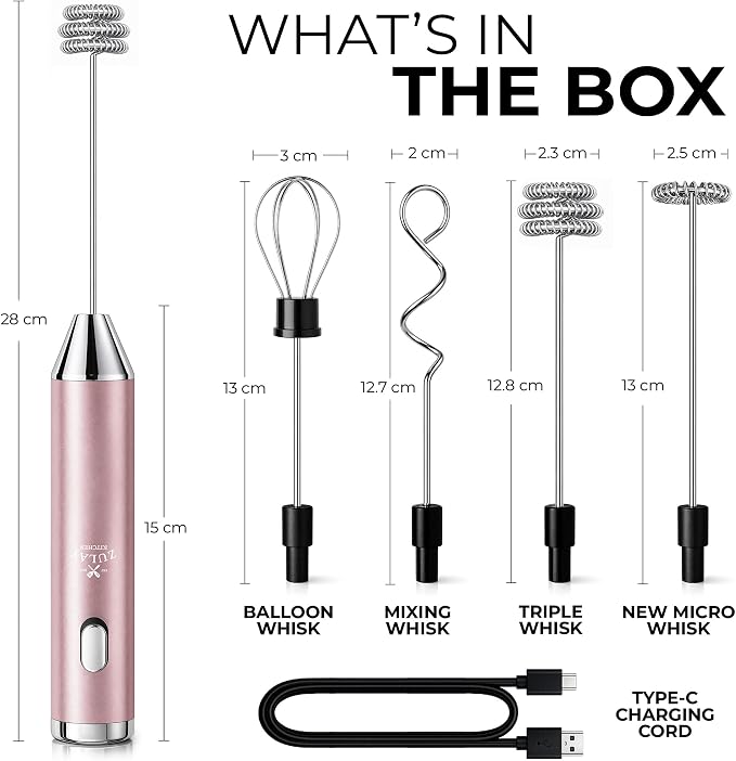 Zulay Kitchen Rechargeable Milk Frother Handheld - Frother Wand, Drink Mixer, Electric Whisk Frother, for Cappuccinos, Matcha & Protein Powder - Ultra Metal 4 Whisk, 1800mAh Pink