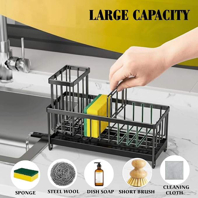 Sponge Holder for Kitchen Sink,5 in 1 Rustproof Stainless Steel Sink Caddy with Washing Cloth & Adhesive Hooks, Kitchen Sink Organizer with High Brush Holder and Soap Holder for Kitchen Sink | Adjustable, Automatic Drainage