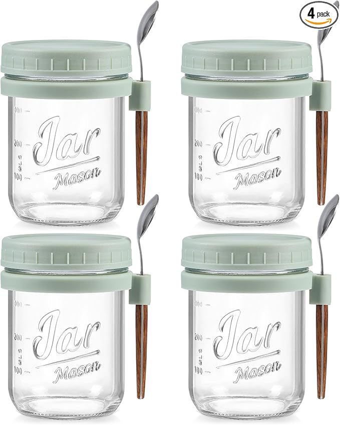 LANDNEOO 4 Pack Overnight Oats Containers with Lids and Spoons, 16 oz Glass Mason Jars with Airtight Lids, Overnight Oats Jars for Milk, Cereal, Fruit-Green