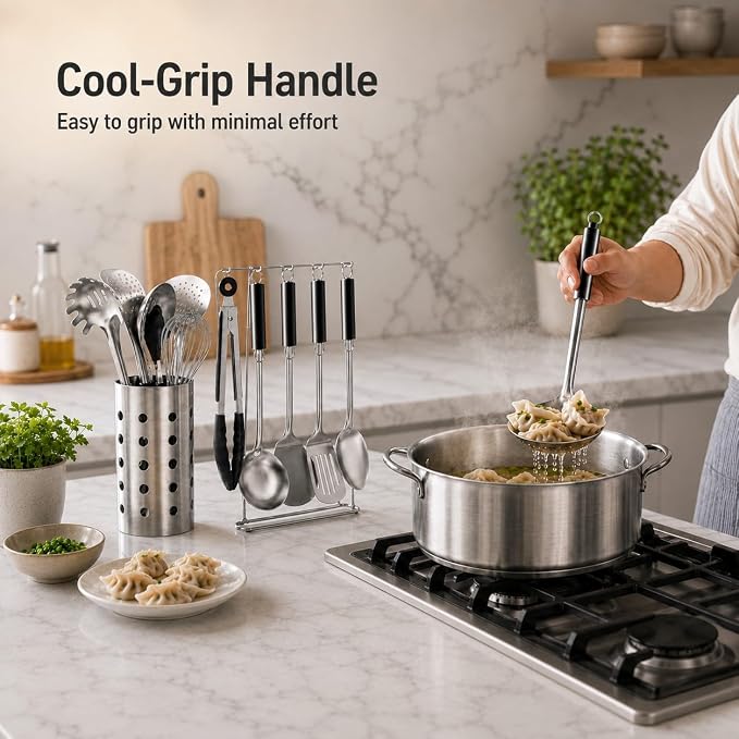 Pleafind Cooking Utensils Set - 9 PCS Stainless Steel Kitchen Utensils Set with Utensil Holder, Heat Resistant Wok Utensils Set, Kitchen Tools Set with Spatula, Ladle, Slotted Spoon, Dishwasher Safe