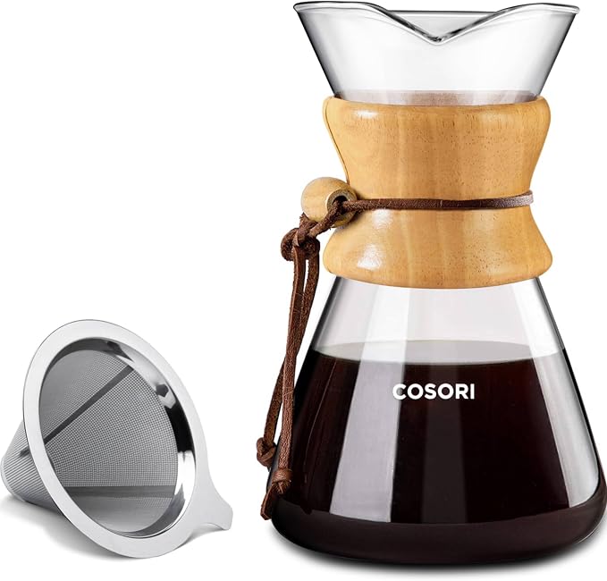 Cosori Pour Over Coffee Maker, Double Layer Stainless Steel Filter, 8cup | Drip Coffee Maker, Coffee Dripper Brewer, High Heat Resistant Carafe, also for Camping, Hiking, 34oz