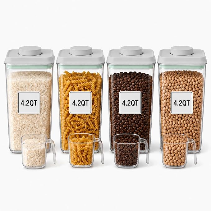 POP Airtight Flour-Rice Food-Storage Container - 4L/4.2Qt Jar with Lid(4Pc) and 3.3Oz Scoop(4Pc) | BPA-Free | Perfect for Storing Grains, pasta, Snacks | Stackable and Durable