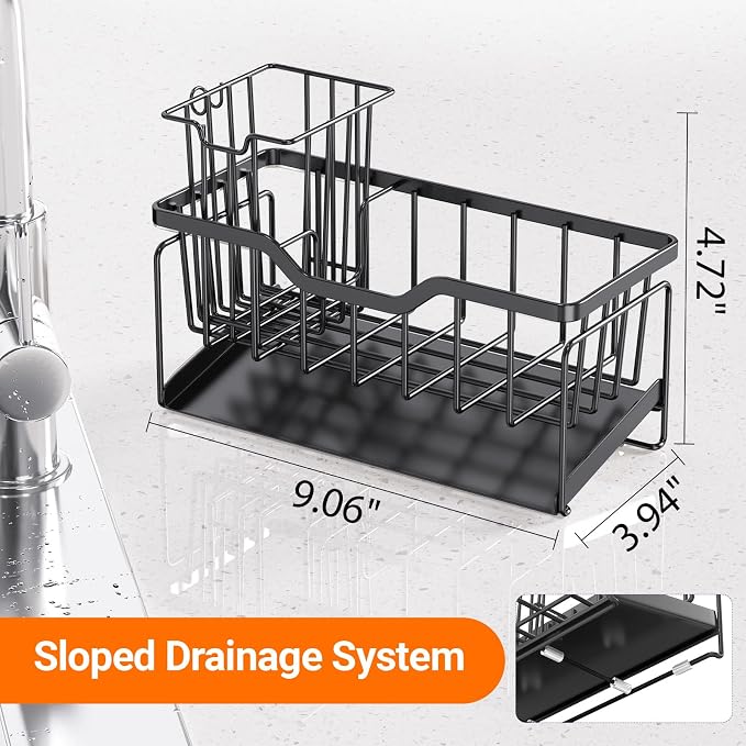 StorageRight Sponge Holder for Kitchen Sink, Stainless Sink Caddy Organizer | Rustproof Kitchen Sink Organizers with High Brush Holder & Self Drain Tray, Anti-Slip Kitchen Countertop Storage Essentials