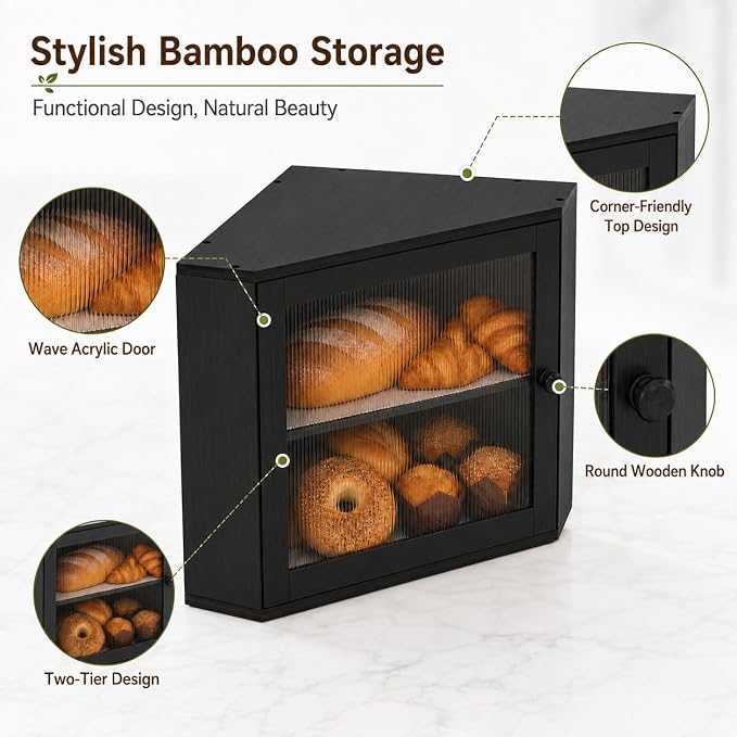 BAMBANG Corner Bread Box for Kitchen Countertop, Large Capacity Bamboo Wood Bread Storage Container, 2 Tier Farmhouse Breadbox with Fluted Acrylic Door for Bread, Homemade Bread and Snacks, Black