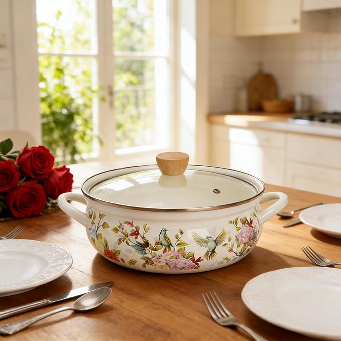 Elsjoy 4.2 Quart Vintage Enamel Stock Pot with Lid and Handle, Floral Cooking Pot Large Kitchen Simmer Pot, Vintage Enamelware for Induction Cooktop, Gas Stove
