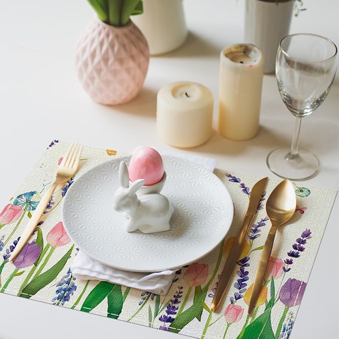 Tulip Lavender Butterfly Spring Placemats Set of 4, Seasonal Holiday Summer Table Mats for Home Party Kitchen Dining Room Decoration 12x18 Inch