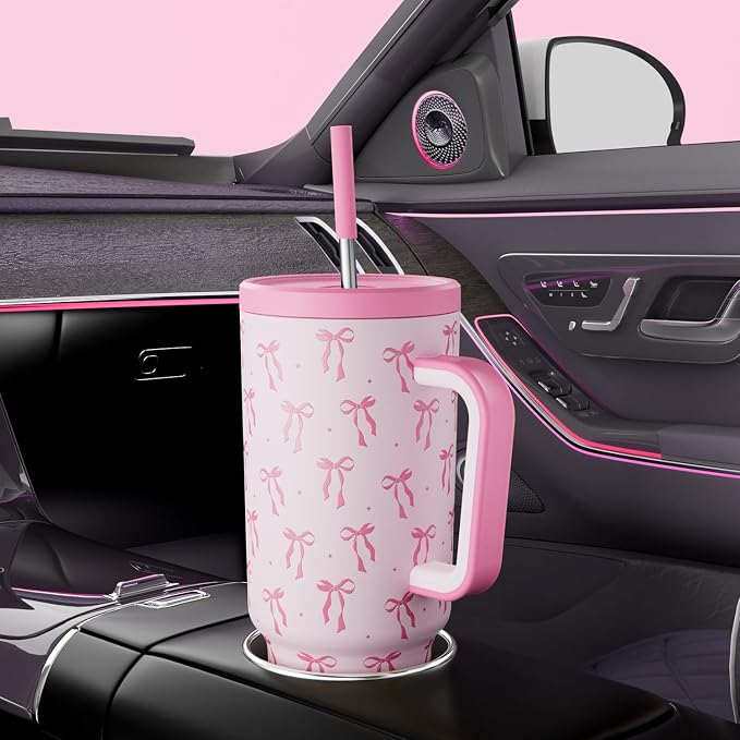 Meoky 40 oz Tumbler with Handle and Straw: Stainless Steel Insulated Tumbler with Lid and Straw - 100% Leak Proof Tumbler for Car Cup Holders - Travelers Commuters Workers, Bow