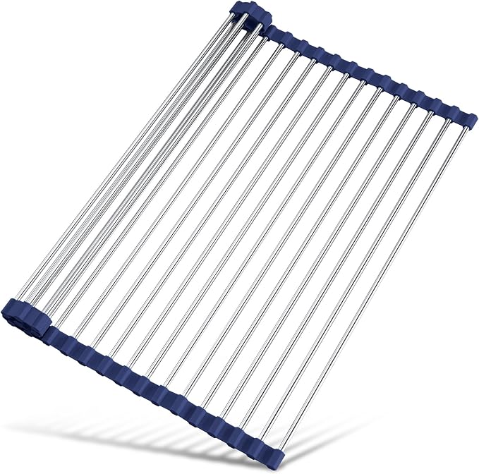 Tomorotec Roll Up Dish Drying Rack Over Sink, 304 Steel, 21x15.5, Indigo | Anti-Slip Silicone Rims For Grip, Heat-Resistant Trivet Mat Holding Heavy Cookware, Rustproof Kitchen Counter Space Saver