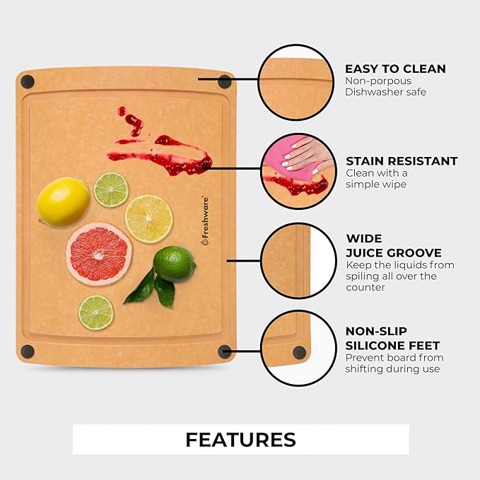 Freshware Wood Cutting Board for Kitchen, Juice Groove, Non-Slip Silicone Feet, Dishwasher Safe, Large, 15" x 11.25", Natural