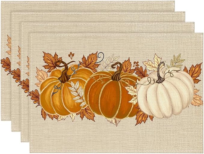 Artoid Mode Orange Pumpkin Leaves Fall Placemats Set of 4-12 x 18 Inch | Heat-Resistant Table Mats, Washable Seasonal Autumn Kitchen Dining Decor