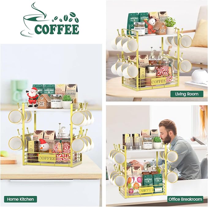 EsLuker.ly Coffee Mug Cup Holder Tree Bar Station Organizer, 2 Tier Gold | Mug Stand Rack for Countertop Kitchen, Storage Tower Display Shelf with 12 Hooks, Coffee Nook Enhancer