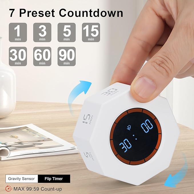 Rechargeable Pomodoro Timer, Small Gravity Timer (Pearl White) | Seven Preset Flip Times (1/3/5/15/30/60/90 min) and Count-Up Mode: Digital Kitchen Timer for Cooking, Work, and Study