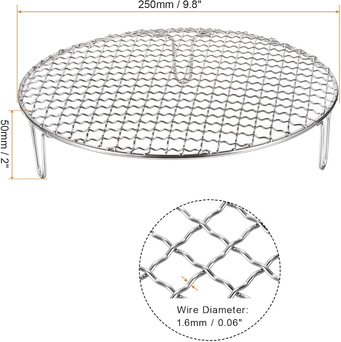 HARFINGTON Round Cooking Rack 9.8-inch Stainless Steel Cross Wire Barbecue Grill Net with 50mm Legs for Cooking Baking Steaming BBQ