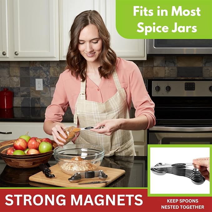 Spring Chef Stainless Steel Magnetic Measuring Spoons Set of 8, Black | Dual Sided Metal Teaspoon & Tablespoon Measuring Spoons with Leveler for Dry & Liquid Ingredients, Nesting, Dishwasher Safe