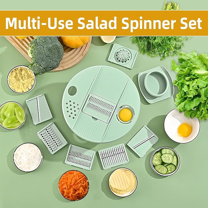 Large Capacity Multi-Function Salad Spinner with Quick Stop Button, Salad Spinner Stainless Steel, Salad Spinner Large, with 5 Blade Slicer Egg Yolk Strainer Shredder (Transparent White)