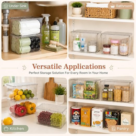 4PCS Home Organization Storage Set, 2 Front Access Clear Storage Bins & 2 Airtight Containers, Stackable for Snacks, Trash Bags, Coffee Pods, Seasonings, Cleaning Supplies, Pantry Under Sink