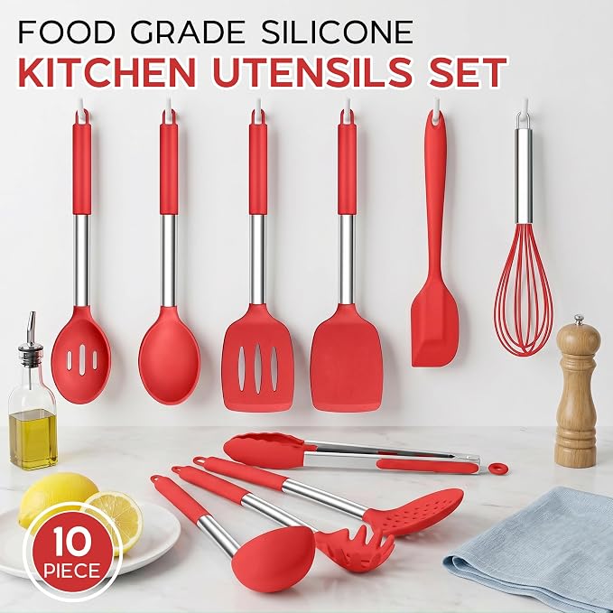 Onader 10 Pieces Silicone Kitchen Utensils Set, Cooking Utensils with Holder and Heat Resistant Stainless Steel Handle for Nonstick Cookware -Red