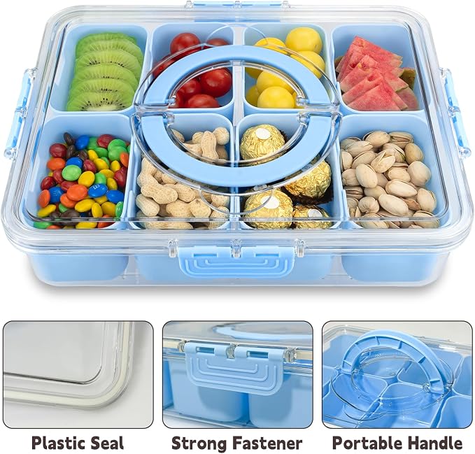 Divided Serving Tray with Lid and Handle,8 Compartments Snacks Box,Snack Fruit Veggie Tray,Portable Platter for Candy Fruits Nuts Snack Party Entertaining Picnic (2PCS Blue)