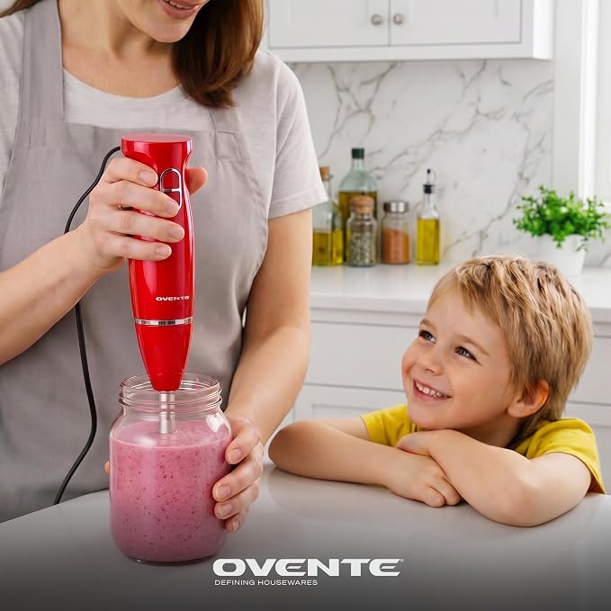 OVENTE Electric Corded Hand Blender, 300W with 2 Mixing Speeds Red HS560R | Handheld Immersion Stick Mixer with Stainless Steel Blades for Smoothies, Purees & Baby Food