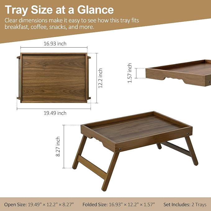 Bamboo Breakfast Trays with Folding Legs, Large, 2-Pack, Walnut | Set of 2 large bamboo bed trays with folding legs and wave handles for meals, laptops and serving in bed.