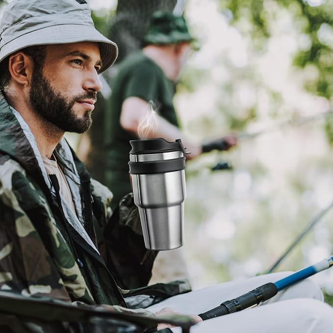 20 oz Insulated Travel Coffee Mug Tumbler with Handle and Straw | Leakproof Stainless Steel Coffee Cup with Lid, Double Wall Vacuum Ice Thermal Cup, Army Green