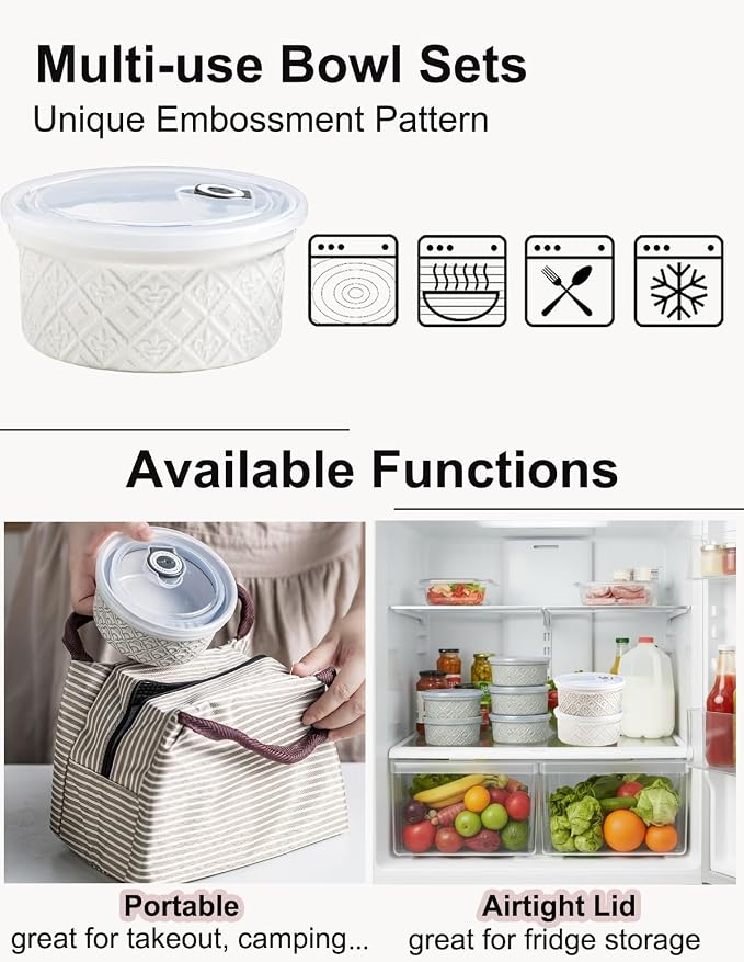 Ceramic Mixing Bowls with Lids Set of 4, Embossed Nesting Storage Bowls for Cooking, Serving, Salad, Popcorn etc, Microwave and Dishwasher Safe, Baking Dishes 12/16/28/40 oz (Gray)