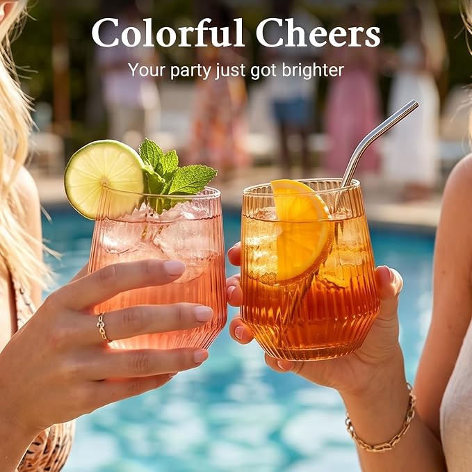 Colored Stemless Wine Glasses Set of 6, 12.5 Oz Ribbed Wine Glass,Coloful Drinking Glasses for Water, Cocktails, Champagne ,Ideal Gifts for Weddings, Bars, Christmas, Halloween,Party, Daily Use