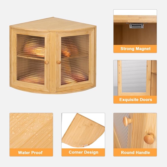 Natural Bamboo Double Layers Bamboo Corner Bread Box for Kitchen Counter | Holds 2+ Loaves, Right Triangle Fits Counter Corners, Clear Window, Breathable Keeps Bread Fresh, Saves Small Kitchen Space