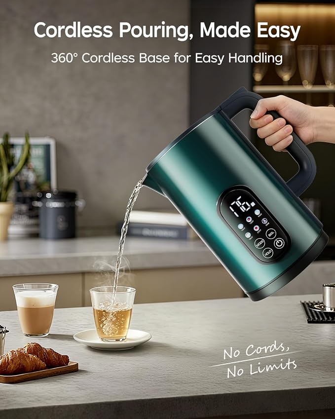 1.7L Stainless Steel Electric Kettle with Temperature Control – Green | 5 Preset Temperatures for Tea & Boiling Water, 2H Keep Warm, 1200W BOIL Mode, 304 Stainless Steel Interior, Cordless Base