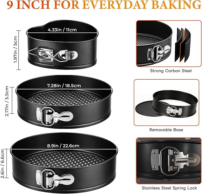 COOLMI Springform Pan Set of 3, 4 Inch Heart & 7/9 Inch Round Cheesecake Pans, Nonstick Cake Pans with Removable Bottom, Leak-Resistant Carbon Steel Bakeware for Baking, Cake Release Knife Included