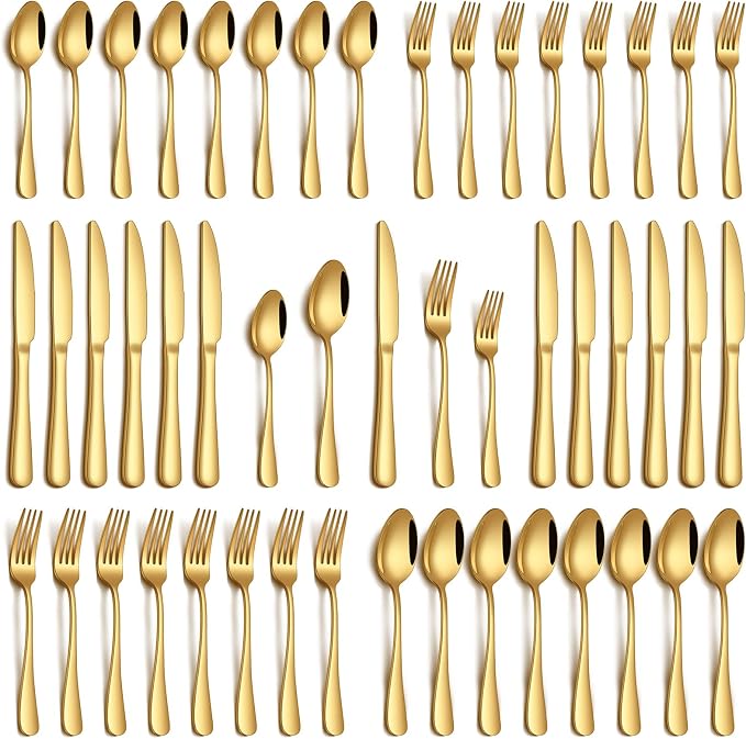 PHILIPALA 40 Piece Gold Silverware Set, Stainless Steel Flatware Set for 8 Food Grade Novelty Flatware Cutlery Utensil Set Include Knife Fork Spoon Mirror Polished Dishwasher Safe