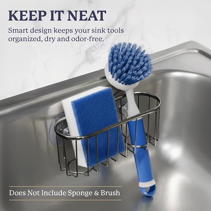 Farberware Metal Sponge Holder for Kitchen Sink, 7.13"x2.88"x3" | Triple suction cups grip steel, glass, or tile, open frame helps dry sponges faster, holds soap and brushes too