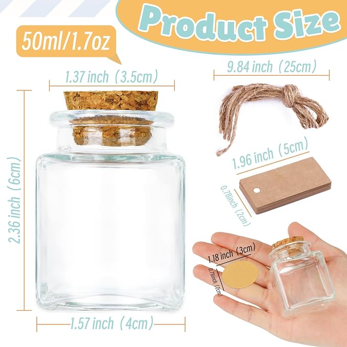 OurWarm 12 Pack Square Small Glass Bottles with Lids, 1.7OZ Mini Glass Jars with Cork Tag Label and Twine, Versatile Small Bottles for Candy Potion Spice DIY Crafts Gift Birthday Wedding Party Favors