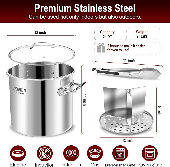 AOSION 24QT Stainless Steel Stock Pot with Lid,6 Gallon. | Steamer Rack & Divider, Heavy Duty Tamale Steamer Pot, Visible Lid, For Crab Boil, Pasta, Soup