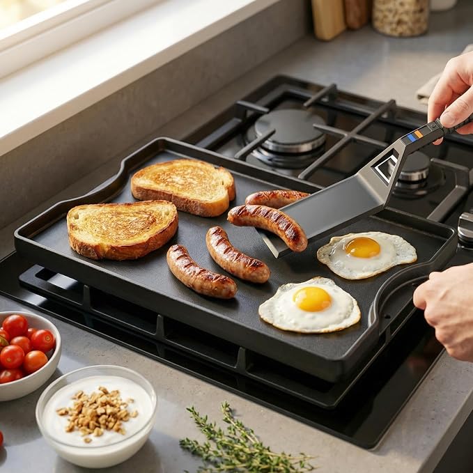 Utheer Reversible Griddle Kit, 16.5 x 10.5 Inch Cast Iron Flat Top | Includes scratch-safe nylon tools, dual-sided cooking surface works for stovetop, gas grill, camping and BBQ
