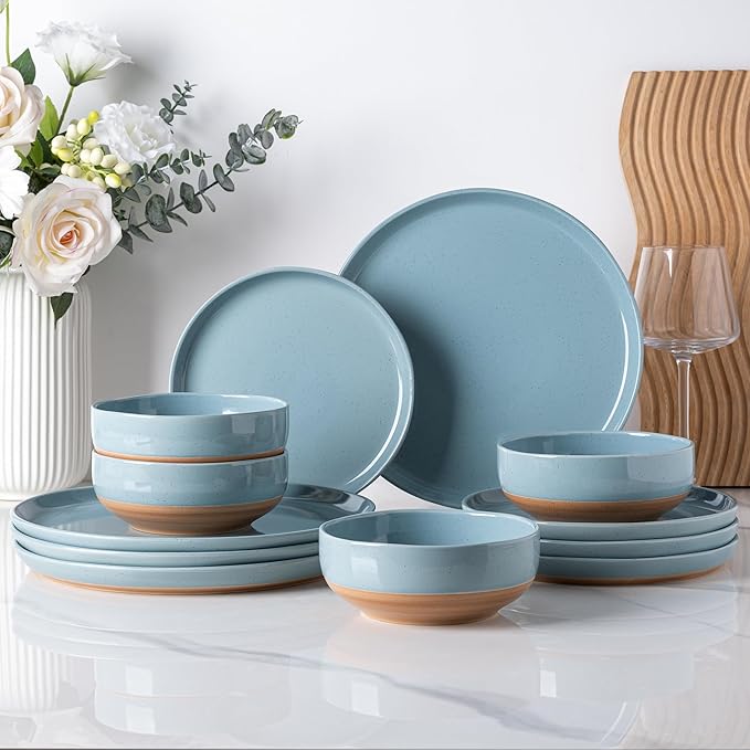 AmorArc Dinnerware Sets for 4, 12 Pieces Ceramic Plates and Bowls Set | Scratch Resistant Stoneware Dishes Set, Dishwasher & Microwave Safe, Stone Blue