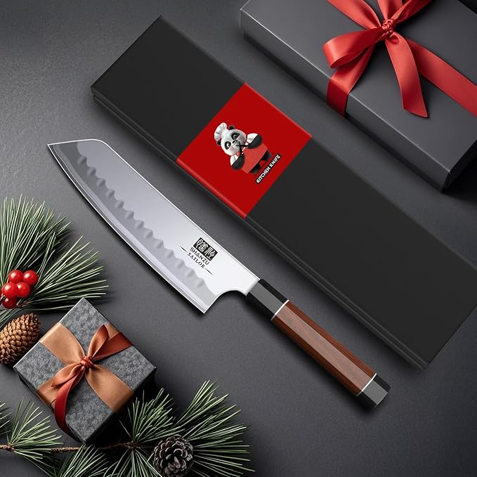 SHAN ZU 7 Inch Japanese Santoku Knife, 9 Layers 10Cr15MoV High Carbon Steel | Professional Kitchen Knife, Sharp Cooking Chef Knife with Ergonomic Red Sandalwood Handle, Meat Cutting Sashimi Chef Knife