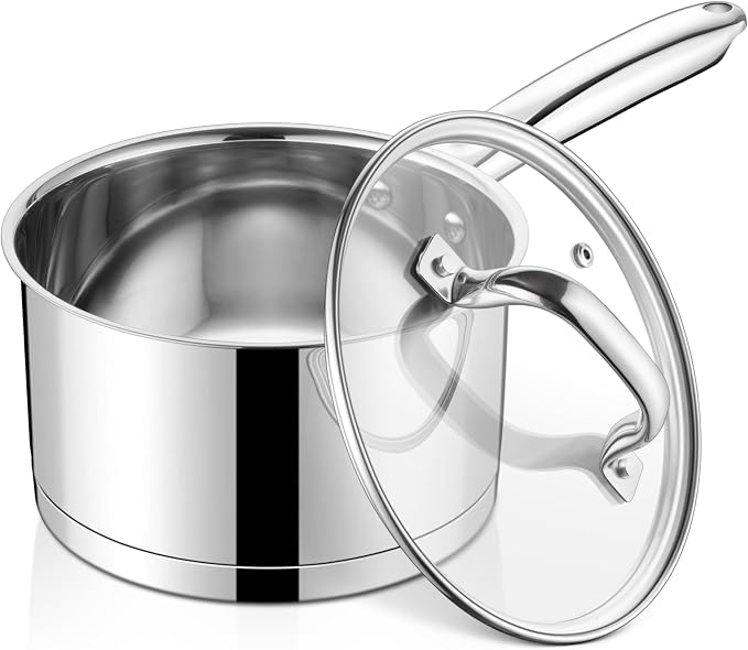 LIANYU Stainless Steel Saucepan with Lid, 3 QT Cooking Sauce Milk Pan | with Visible Lid & Tri-Ply Bottom, Induction Compatible Small Pot, Heavy Duty, Dishwasher Safe