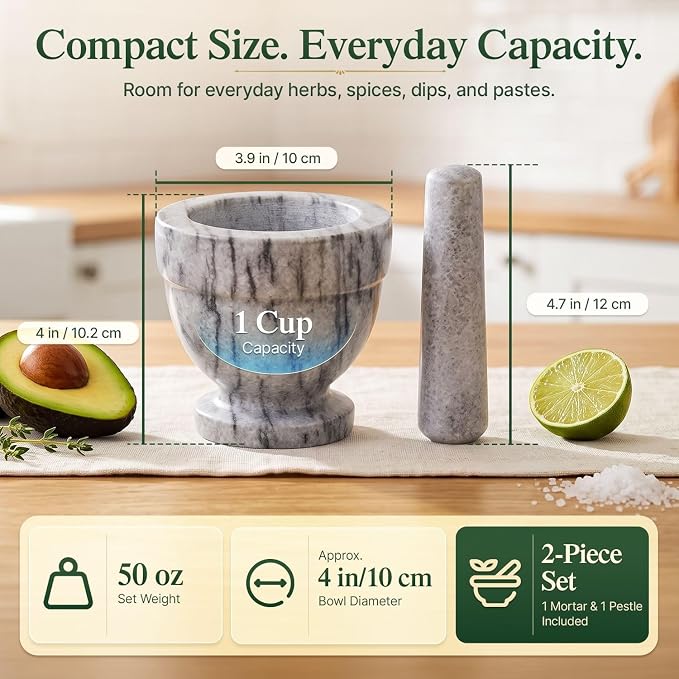 Flexzion Mortar and Pestle Set, White - Solid 4 inch Heavy Granite Molcajete Stone Grinder Crusher Bowl for Guacamole, Herbs, Spices, Garlic, Medicine Pills, Grain, Kitchen, Cooking | Crush Herbs, Spices and Garlic or Prepare Guacamole In a Compact Gri...