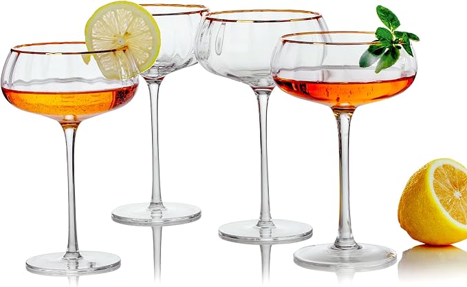 Lysenn Coupe Glasses Set of 4, Vintage Gold Rim Espresso Martini Glass, 9oz | Sturdy Stem, Hand Blown, for Champagne, Martini and Craft Cocktails, Wedding Reception, Dinner Party, Bar Cart, Ideal Gift