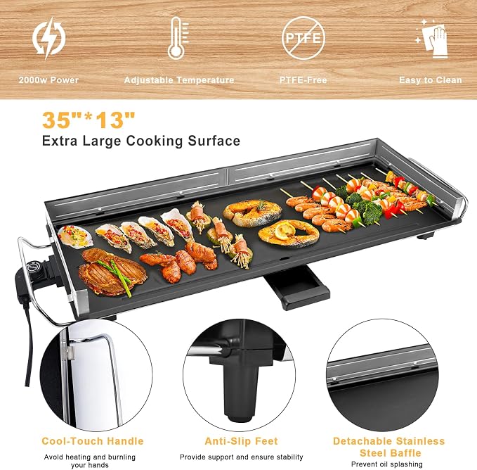 AEWHALE 35" Electric Nonstick Extra Large Griddle,2000W Teppanyaki Grill | Extra Wide,Detachable for Easy Cleaning,Adjustable Temperature to 420°F,BBQ,Breakfast & Family Parties,Indoor/Outdoor