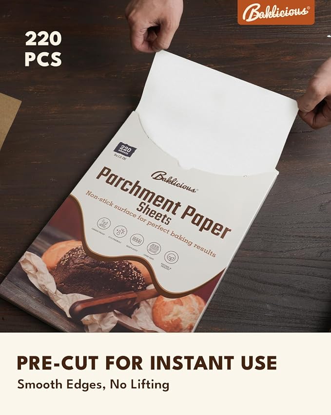 Baklicious 9x13inch 220pcs White Pre-Cut Non-Stick Parchment Baking Sheets | for Air Fryer, Oven, Bakeware, Steaming, Cooking Bread, Cupcake, Meat, Cookies