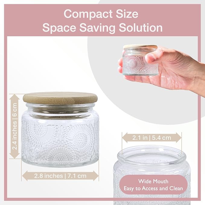4 oz Decorative Small Glass Jars with Airtight Bamboo Lids, Clear 24 Pack | Vintage embossed containers, kitchen pantry bathroom organization & decor, spices herbs, candle making, DIY gifts favors