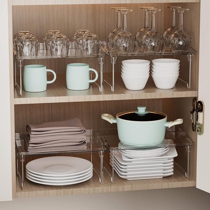STARLATTA Acrylic Cabinet Organizer Shelf,4 Pcs Stackable Kitchen Counter Shelves,Spice Rack,Countertop Organizers,Clear Plastic Storage Organization for Makeup，Bathroom,Cupboard,Desk,Pantry