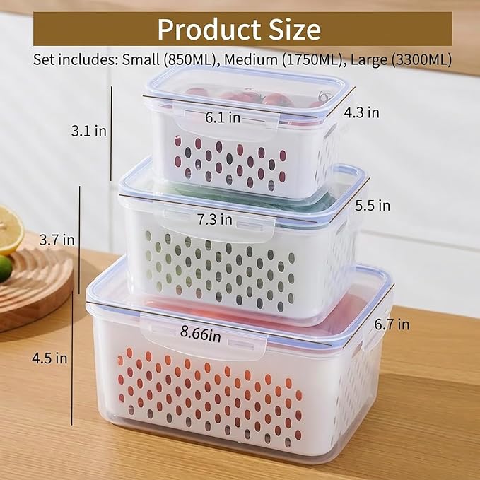 Fruit storage containers for fridge, with detachable drainer basket and airtight seal, stackable produce organizer, prolongs freshness of berries, greens, meats