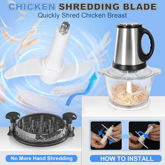 Food Processor-2 Bowls (8Cups+8Cups),800W Food Chopper Meat Grinder | 【2 Sets Stainless Steel Blade】【Pure Copper Motor】Small Food Processor for Meat,Vegetable,Garlic,Onion,Chicken Shredder