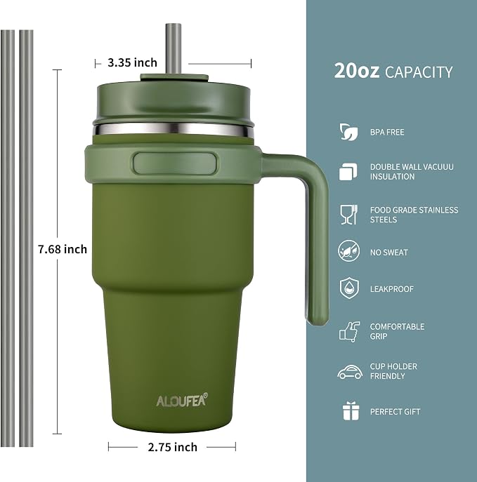20 oz Insulated Travel Coffee Mug Tumbler with Handle and Straw | Leakproof Stainless Steel Coffee Cup with Lid, Double Wall Vacuum Ice Thermal Cup, Army Green